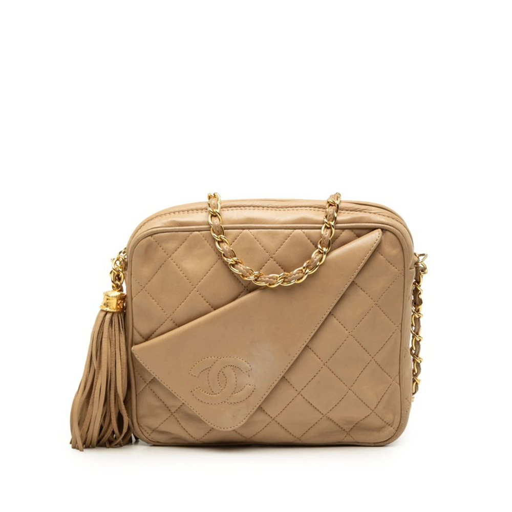 Chanel Matelassé Coco Mark Fringe Chain Shoulder Bag, Crossbody, Beige Lambsk...